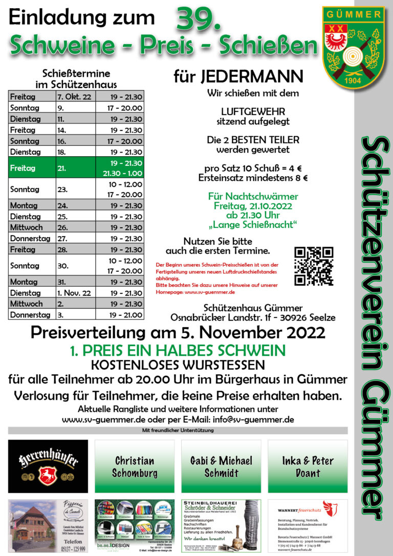 Mehr über den Artikel erfahren Einladung zum 39. Schweine-Preis-Schießen